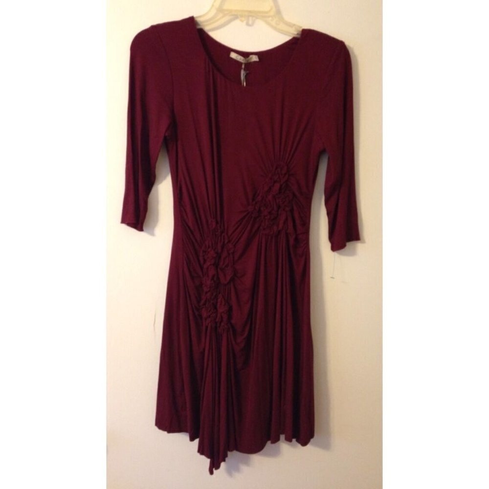 Caite‎ Maroon Boho Asymmetrical Gathered Dress XS Orig $129 NWT